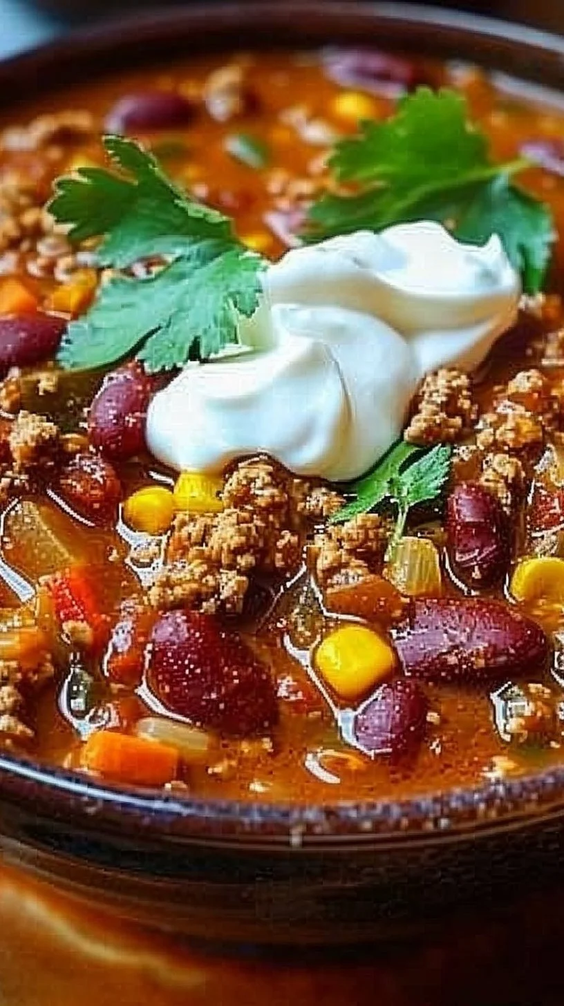 A bowl of The Pioneer Woman's delicious chili, garnished with fresh herbs.