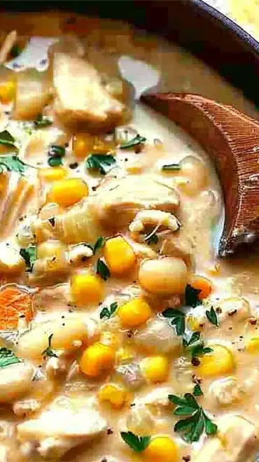 Bowl of creamy white chicken chili with toppings and herbs