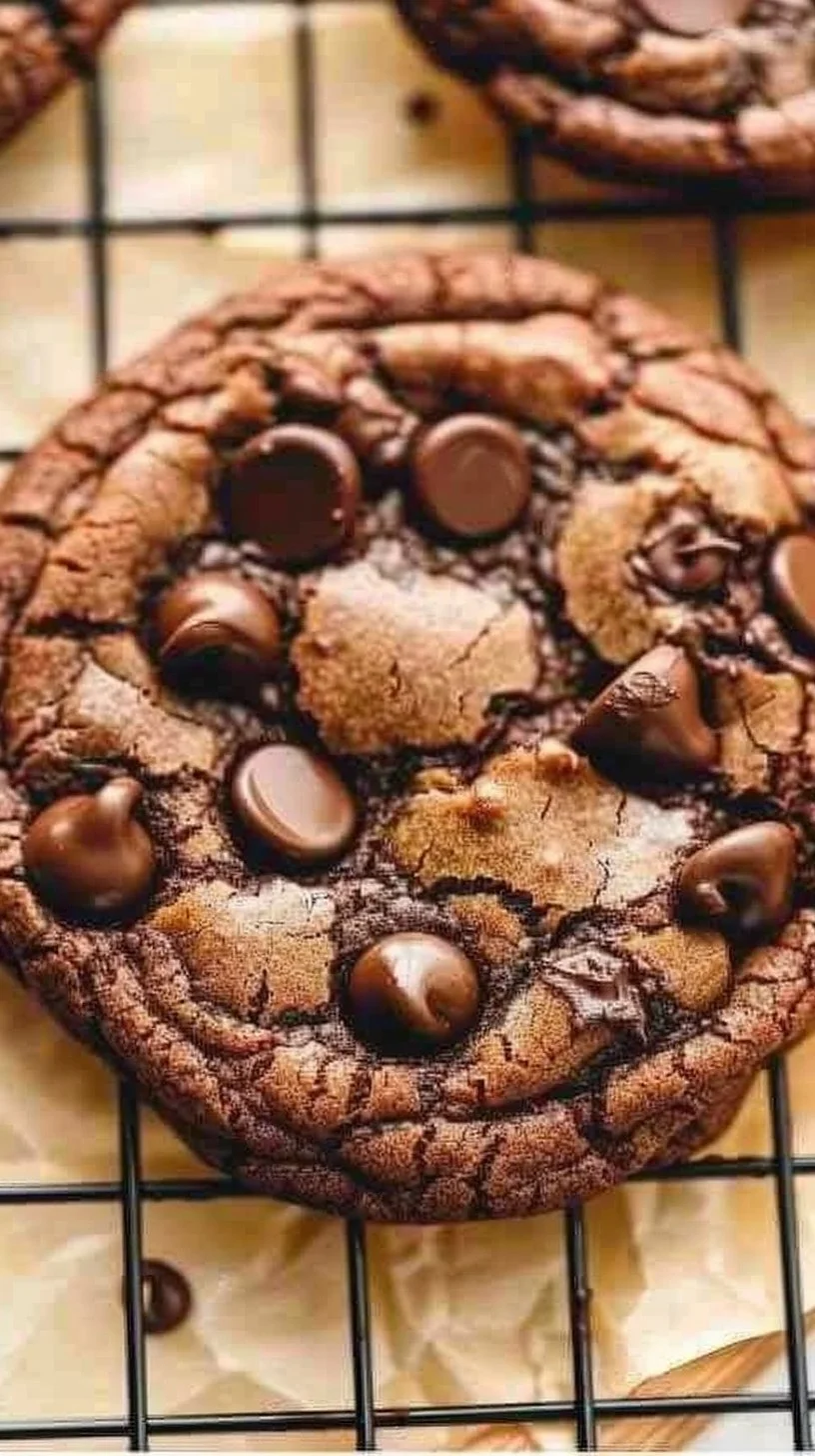 Freshly baked chocolate chip cookies on a cooling rack.
