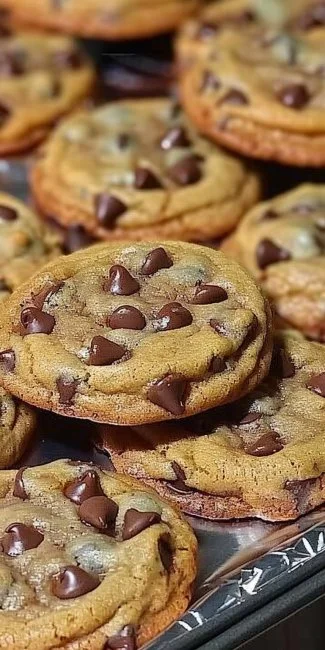 Freshly baked chocolate chip cookies on a cooling rack.