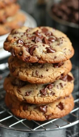Deliciously baked chocolate chip cookies on a rustic wooden table.