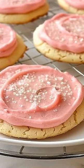 Best Crumbl Pink Sugar Cookies 3 Delicious Crumbl Pink Sugar Cookies with pink frosting on a white plate