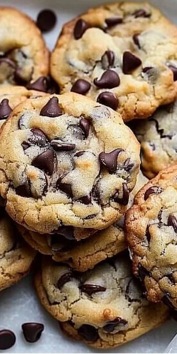 Plate of best ever chocolate chip cookies with gooey chocolate chips.