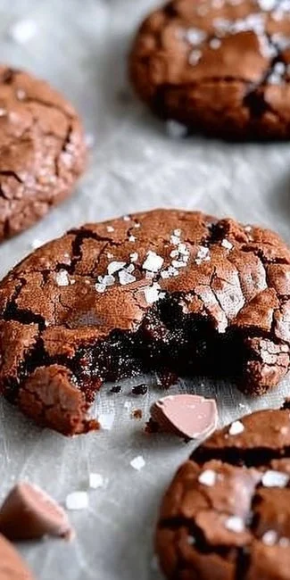 Best Ever Fudgy Salted Brownie Cookies 3 Delicious fudgy salted brownie cookies on a baking tray.
