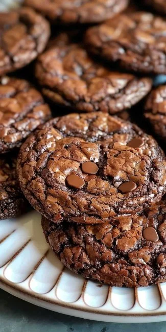 Brownie Cookies 3 Delicious brownie cookies with chocolate chips on a wooden plate