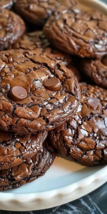 Delicious brownie cookies stacked on a plate, showcasing their rich chocolate texture.