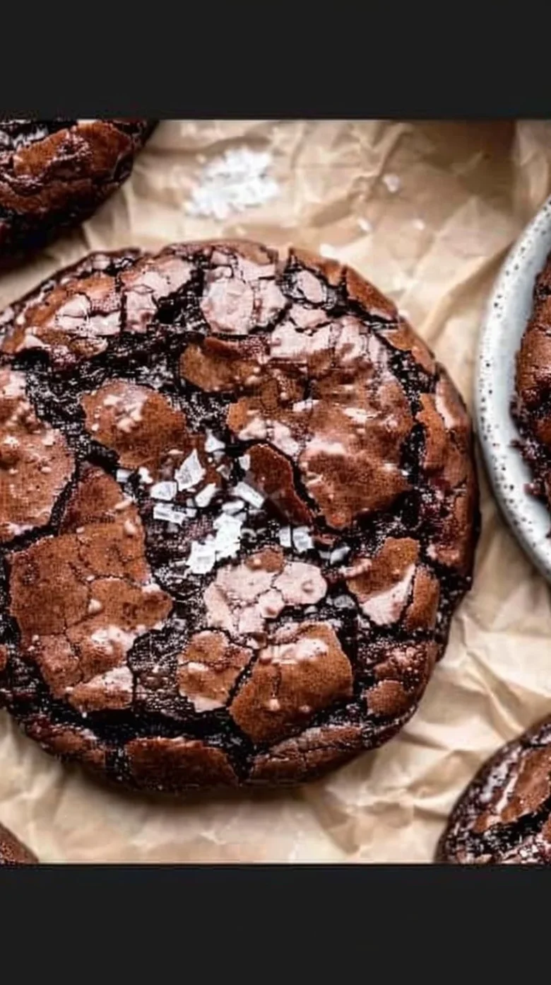 A plate of chewy chocolate brownie cookies topped with chocolate chips