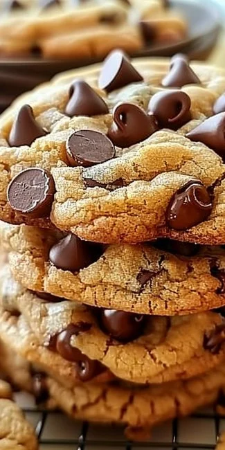 Chewy Chocolate Chip Cookies 3 Freshly baked chewy chocolate chip cookies on a cooling rack