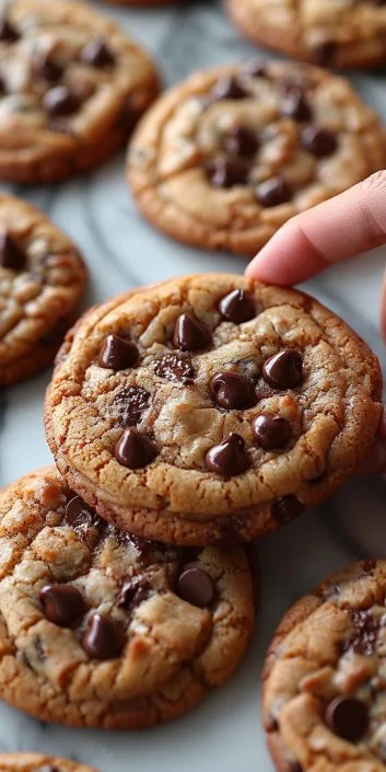 Freshly baked chewy chocolate chip cookies on a cooling rack