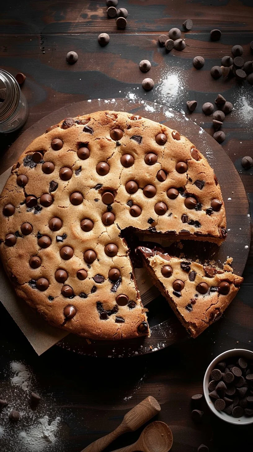 Chocolate Chip Cookie Cake 2 Delicious Chocolate Chip Cookie Cake topped with chocolate chips and serving slices.