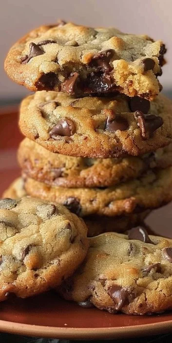 Freshly baked chocolate chip cookies with melting chocolate chips and a golden brown crust.