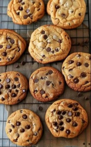 Freshly baked chocolate chip cookies on a cooling rack