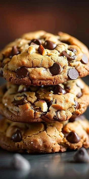 Freshly baked chocolate chip walnut cookies on a cooling rack