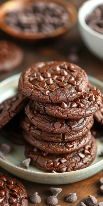 Freshly baked chocolate cookies on a cooling rack