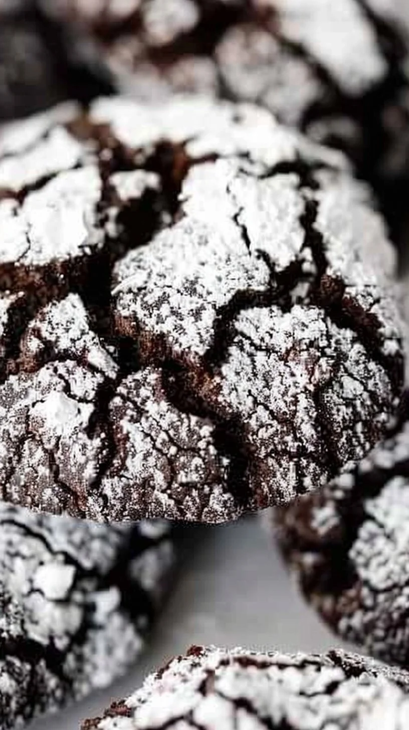 Chocolate Crinkle Cookies 3 Freshly baked Chocolate Crinkle Cookies coated in powdered sugar