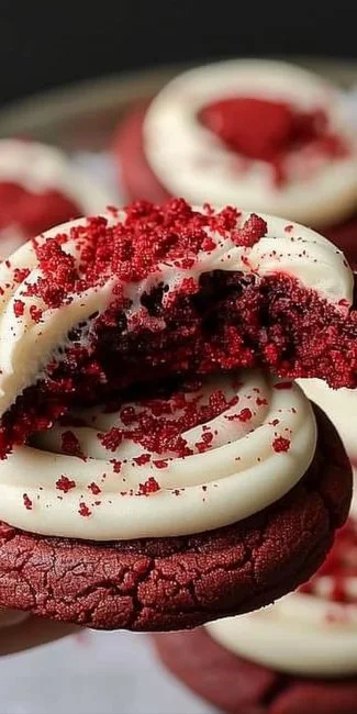 Crumbl Copycat Red Velvet Cookies Recipe 3 Delicious red velvet cookies decorated with cream cheese frosting on a white plate.