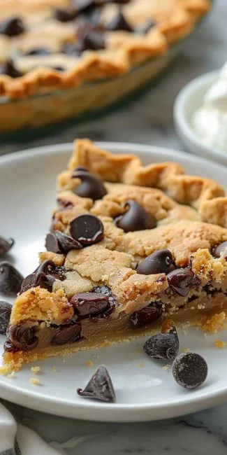 Delicious Chocolate Chip Cookie Pie 3 Delicious chocolate chip cookie pie slice on a plate