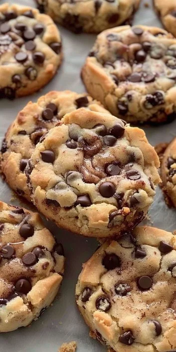 Freshly baked chocolate chunk cookies on a baking tray