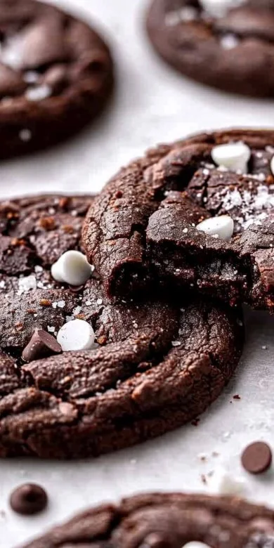 Double Chocolate Chip Cookies 3 Freshly baked double chocolate chip cookies stacked on a plate