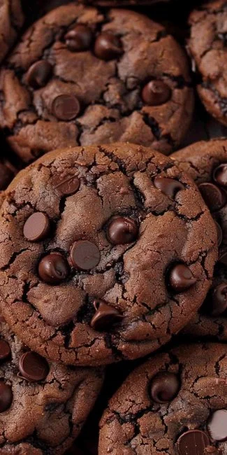 Delicious Double Chocolate Chip Cookies stacked high on a plate