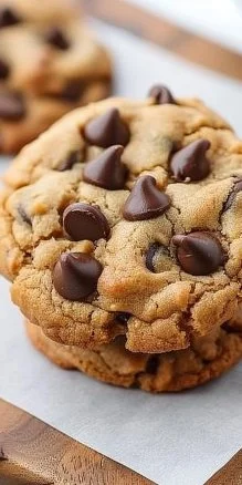 Freshly baked easy peanut butter chocolate chip cookies on a cooling rack