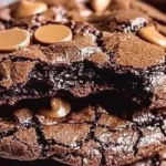 Fudgy brownie cookies on a wooden table with chocolate chips.