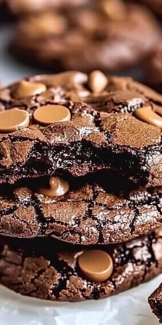 Fudgy brownie cookies on a wooden table with chocolate chips.