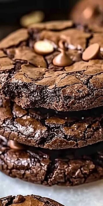 Fudgy Brownie Cookies 3 Delicious fudgy brownie cookies stacked on a plate