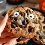Plate of Halloween chocolate chip cookies decorated with festive themes