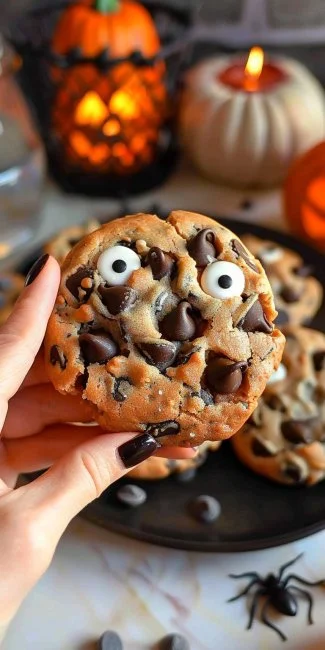 Plate of Halloween chocolate chip cookies decorated with festive themes