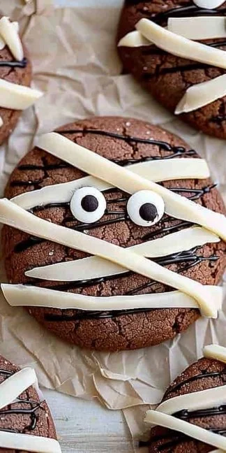 Halloween Mummy Cookies 3 Halloween mummy cookies decorated with icing and eyes, perfect for Halloween treats