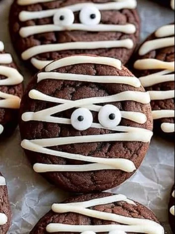 Decorated Halloween Mummy Cookies with icing and candy eyes
