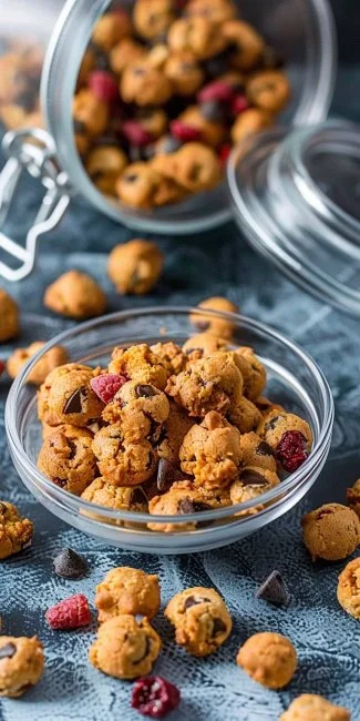 Bowl of homemade vegan cookie cereal with chocolate chips and nuts
