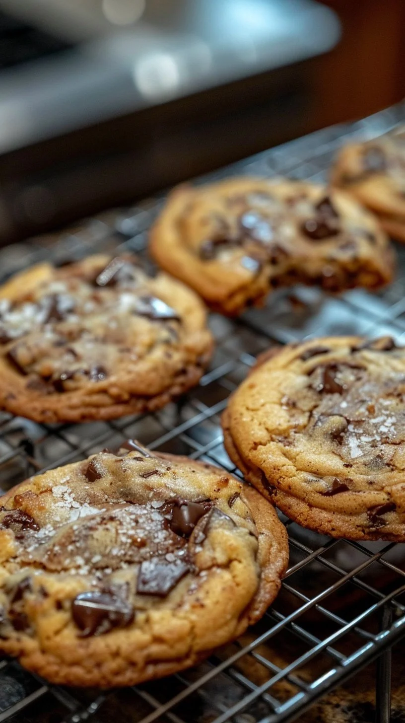 Leaven Chocolate Chip Cookies 3 Freshly baked leaven chocolate chip cookies on a cooling rack.