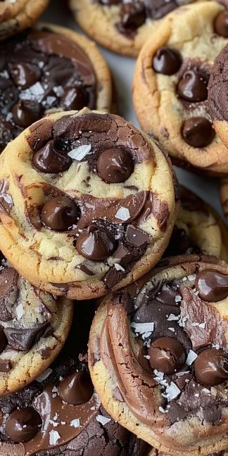 Marbled Brownie Chocolate Chip Cookies 3 Marbled brownie chocolate chip cookies on a plate with chocolate drizzle