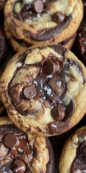 Marbled brownie chocolate chip cookies displayed on a plate