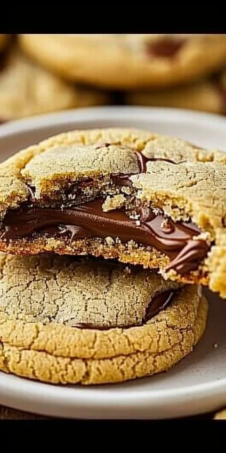 Deliciously baked Nutella Cookies stacked on a plate with chocolate drizzle.