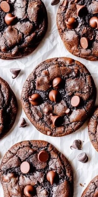 Soft and Chewy Double Chocolate Chip Cookies 3 Soft and chewy double chocolate chip cookies on a cooling rack