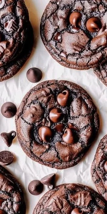 Soft and chewy double chocolate chip cookies fresh out of the oven