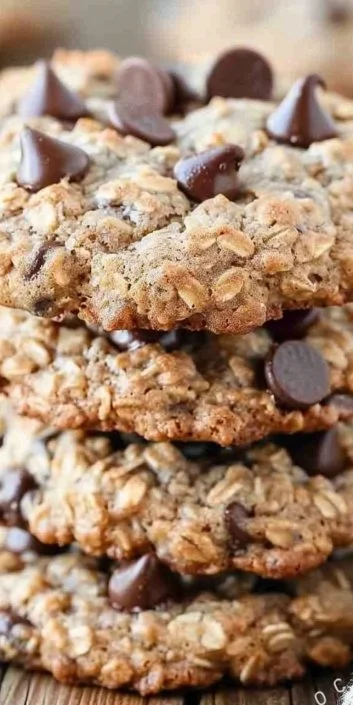 Baked soft and chewy oatmeal chocolate chip cookies on a cooling rack