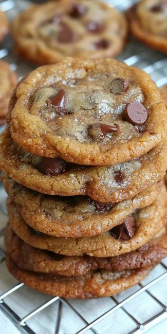 Stack of soft and chewy chocolate chip cookies on a plate