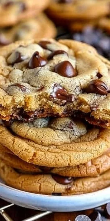 Plate of the best chewy chocolate chip cookies with melted chocolate chips
