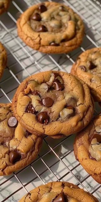 Delicious brown butter chocolate chip cookies stacked on a plate
