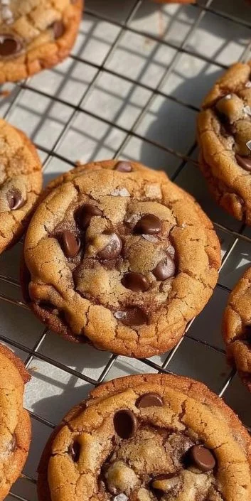 Delicious brown butter chocolate chip cookies on a plate with chocolate chips