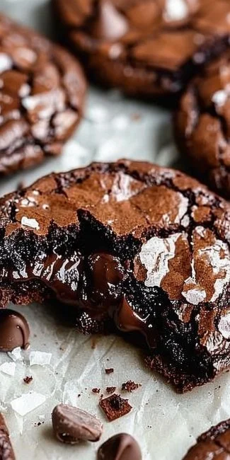 Thick and Fudgy Chocolate Brownie Cookies 3 Thick and fudgy chocolate brownie cookies stacked on a plate