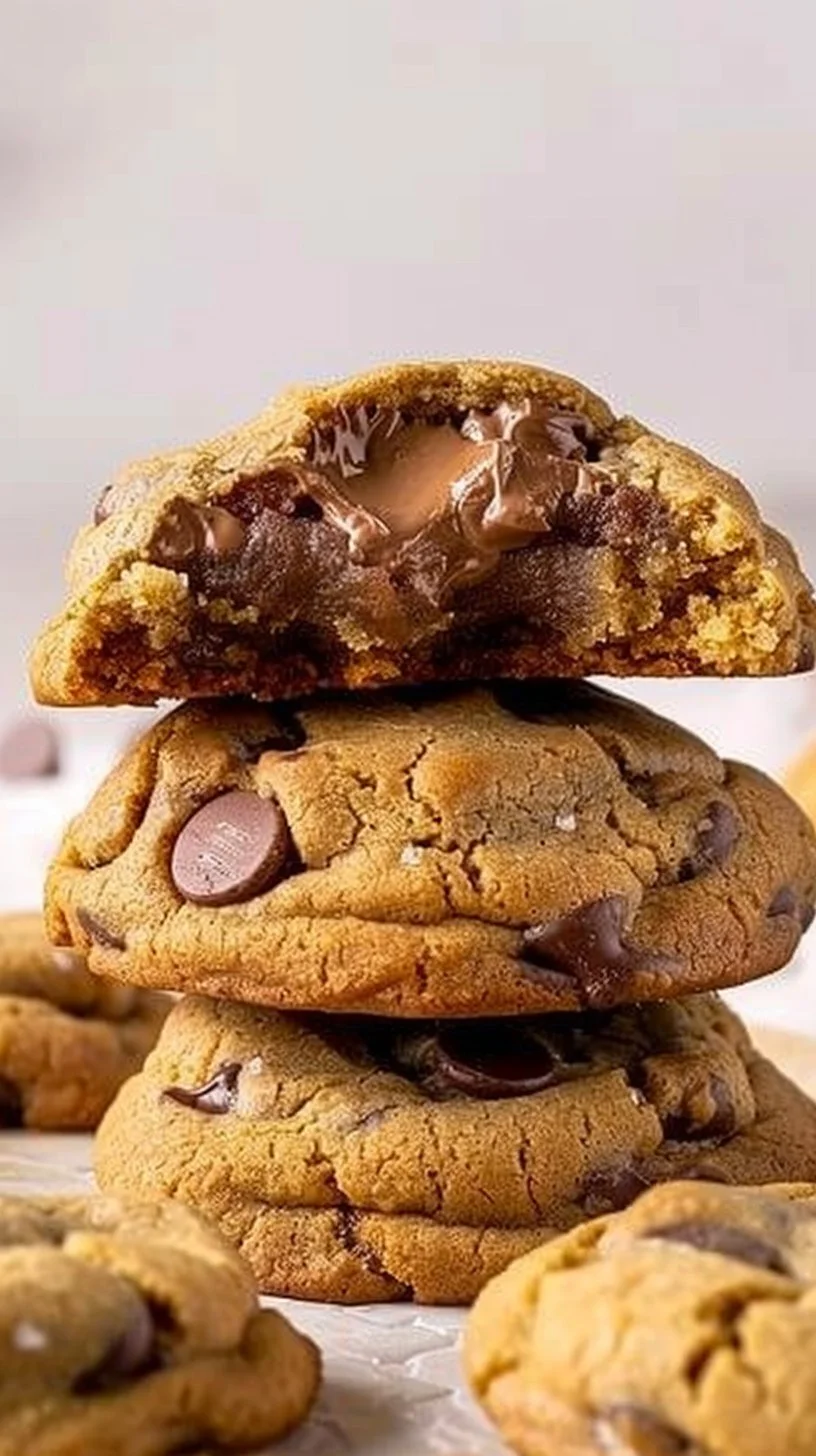 Thick Chocolate Chip Cookies 3 Thick chocolate chip cookies fresh out of the oven, golden brown and delicious.