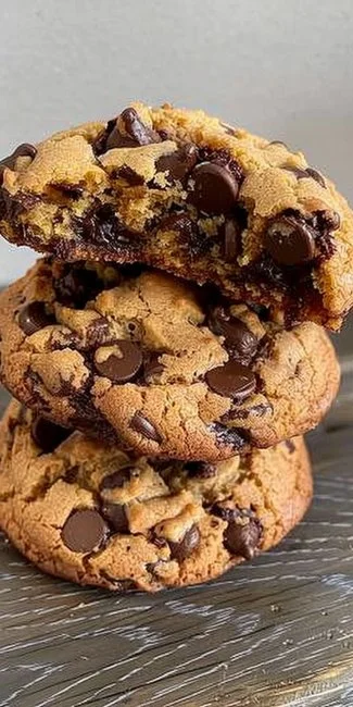 THICK NEW YORK STYLE COOKIES 3 Thick New York style cookies with chocolate chips on a wooden table