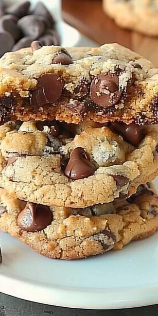 Delicious ultra thick and chewy chocolate chip cookies stacked on a plate
