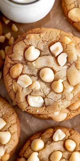 Freshly baked white chocolate macadamia nut cookies on a cooling rack