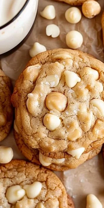 Deliciously baked White Chocolate Macadamia Nut Cookies on a plate.